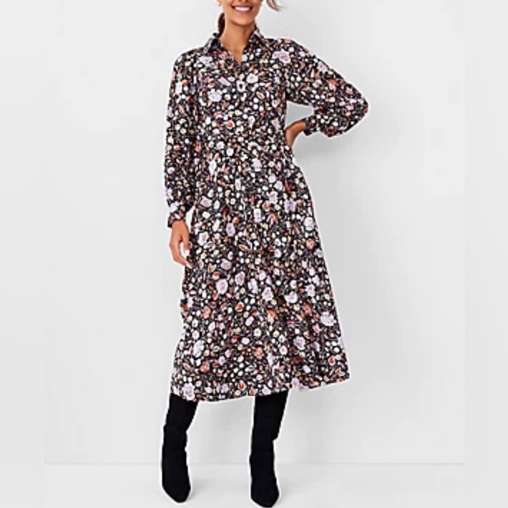 Ann Taylor Black Floral Midi Shirt Dress